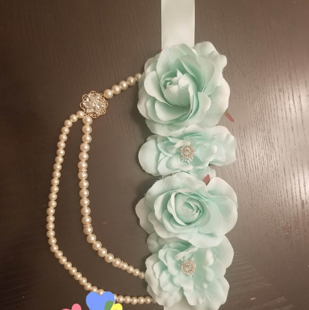 Mint green floral sash belt w/pearls